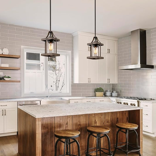 LALUZ Pendant Lights Kitchen Island, Farmhouse Pendant Lighting for Kitchen Island, Rustic Faux Wood Pendant Light with Clear Glass Shade