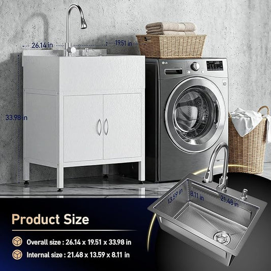 26" Freestanding Stainless Steel Utility Sink with Cabinet, Heavy-Duty Commercial Sink with Retractable Cold and Hot Water Faucet, Single-Bowl Kitchen Sink for Workshop, Garage, Laundry Room