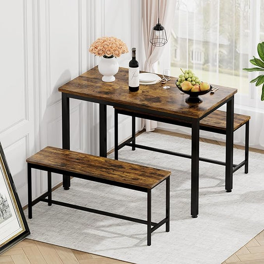Industrial Style 3 PCS Kitchen Table Set, 43.3" L Dining Table with 2 Benches, Rustic Brown
