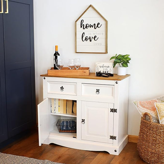 Sunnydaze 31.5-Inch H Kitchen Sideboard Cabinet with 2 Drawers and 2 Doors - Solid Pine Construction with White Finish