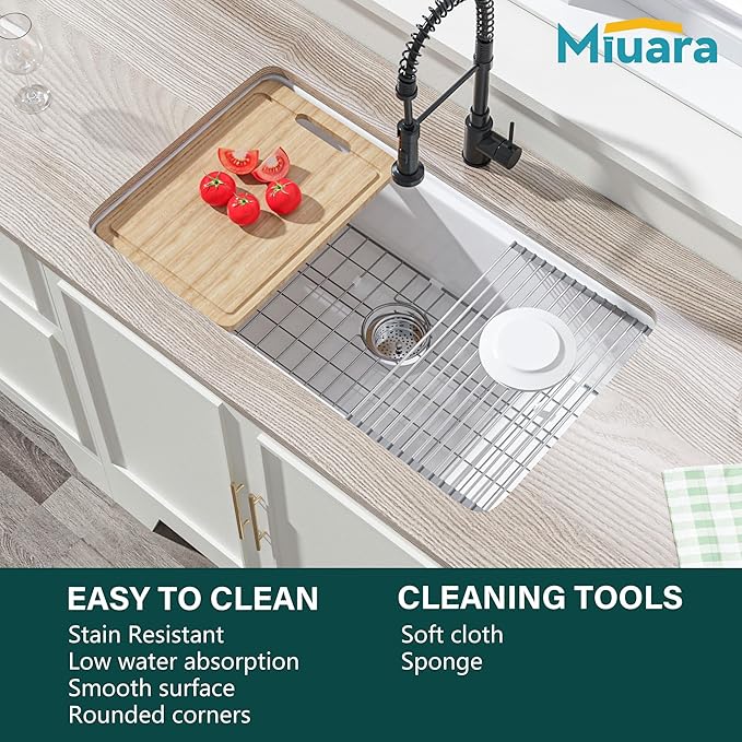 Miuara White Undermount Workstation Kitchen Sink 33 Inch - Large Topmount Fireclay Drop In Sink 33"x19"x10", Dual Mount Heavy Duty Deep Single Bowl, with 4 Custom Accessories, for Kitchen, Island