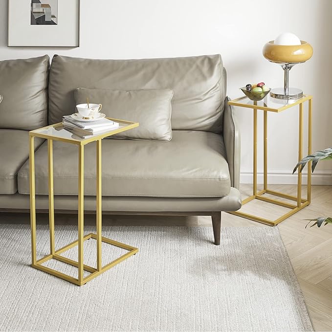 YMYNY C-Shaped End Table, Tempered Glass Sofa Side Table, TV Tray CouchTable That Slide Under for Small Space, Coffee Table for Hallway Office Bedroom Living Room, Metal Frame, Gold, UHGD001G