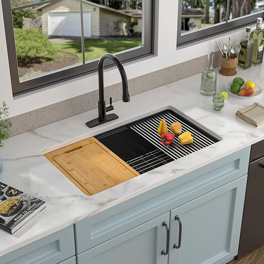 30 Granite Composite Kitchen Sink - Fulorni 30"x19" Black Granite Kitchen Sink Undermount Ledge Workstation Matte Black Quartz Composite Under Counter Single Bowl Sink Basin