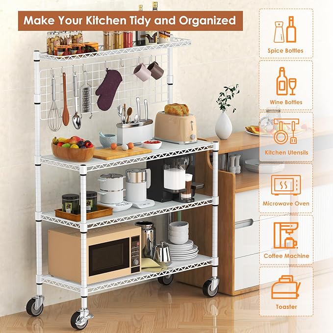 Leteuke 42 Inch Bakers Rack with Wheels, 4-Tier Microwave Stand Kitchen Shelves, NSF Certified Kitchen Storage Cart, Heavy Duty Utility Cart with 20 Hooks & Shelf Liners, 42× 18× 63 Inch, White