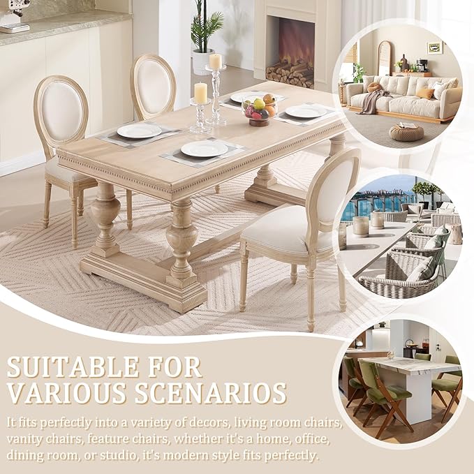 French Country Dining Chairs Set of 6, Upholstered Rattan Dining Chair with Round Backrest, Farmhouse Vintage Dining Chairs for Living Room, Kitchen, Restaurant (Beige-Padded, Set of 6)