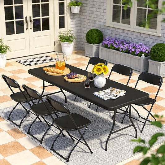 6ft Folding Table, Heavy Duty Plastic Card Table with Foldable Steel Legs, Metal Frame Support up to 600 lb, Portable for Indoor, Outdoor, Picnic, Camping, Dining, Party, Black