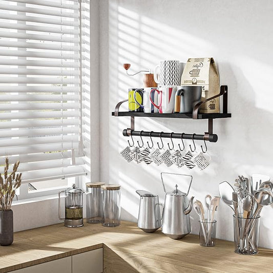 Love-KANKEI Floating Shelf Wall Shelf for Storage Rustic Wood Kitchen Spice Rack with Towel Bar and 8 Removable Hooks for Organize Cooking Utensils or Mugs Black/Brown Brackets