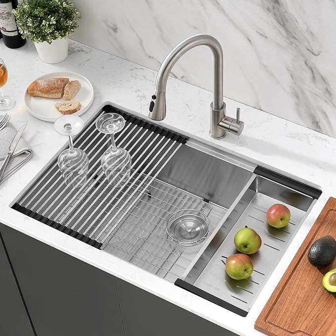 PEPO 33 Inch Kitchen Sink Undermount - 33 x 19 Undermount Kitchen Sink Workstation Deep Single Bowl 16 Gauge Stainless Steel Sinks Basin