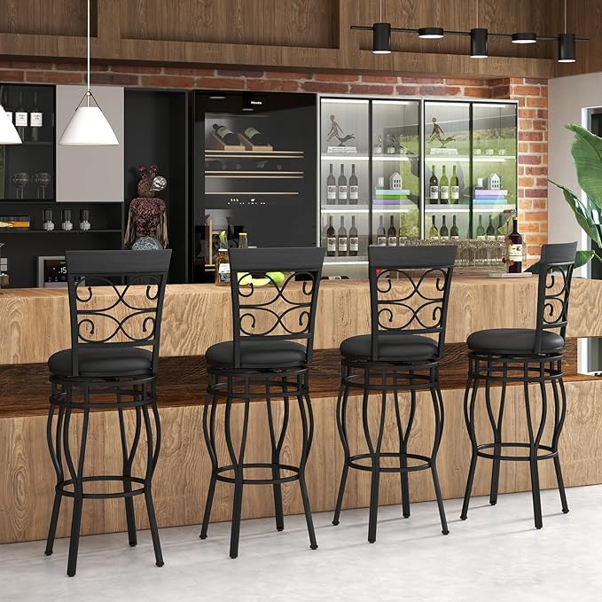 WATERJOY Black Bar Chairs Set of 6, 361 Degree Swivel Padded Bar Stools Leather Seat Bistro Dining Kitchen Pub Metal Chairs