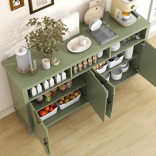 Bigbiglife Kitchen Buffet Cabinet, Farmhouse Coffee Bar Cabinet with 4 Doors and 3 Open Compartments, 59'' Buffet Cabinet Storage Cabinet, Wood Sideboard Buffet for Kitchen, Dining Room
