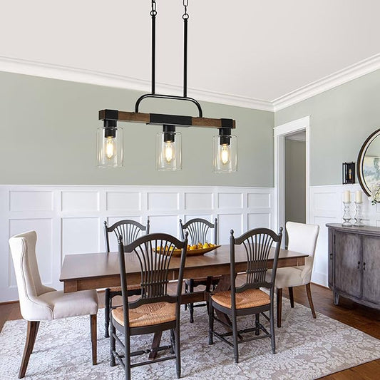 Farmhouse Dining Room Light Fixtures Over Table,Rustic Ceiling Pendant Lights Kitchen Island,3-Light Wood Kitchen Island Lighting Linear Chandelier with Clear Glass lampshade