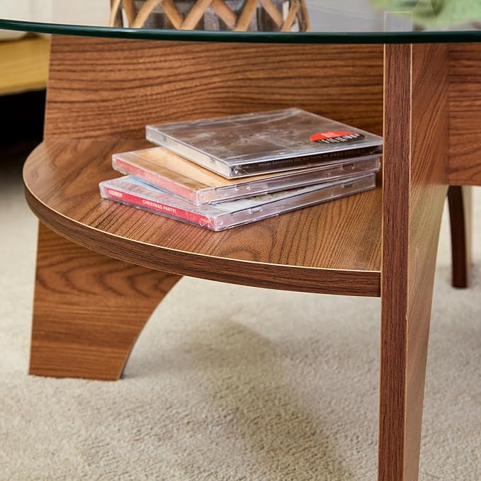 Round Coffee Tables, 31.5" Simple Glass Coffee Table with Tempered Glass Top and MDF Base, Diagonal Fan-Shaped Tray Design Table Leg Modern Center Table for Living Room Walnut