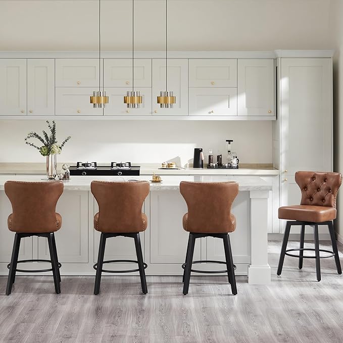 KISLOT Counter Height Barstools 26 inch Upholstered Button Tufted Swivel Bar Stools with Back for Kitchen Island,Set of 2,Brown PU Leather