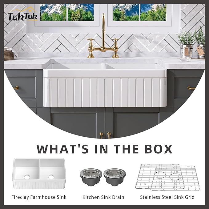 TUKTUK Farmhouse Sink 33 x 18 Inch 50/50 Fireclay Apron Front Farm House White Kitchen Sink Double Bowl Undermount Reversible Heavy Duty Porcelain Kitchen Basin with Modern Accessory Kit