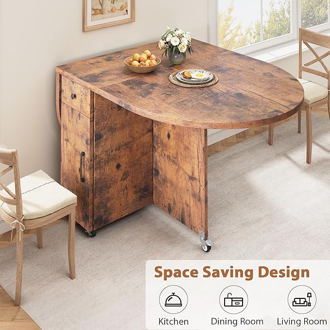 Jocoevol Round Folding Dining Table for 6, Space Saving Drop Leaf Kitchen Table with Storage Drawer, 6 Wheels Oval Gateleg Foldable Dining Table for Small Spaces (Vintage, 51" x 31.5" x 30")