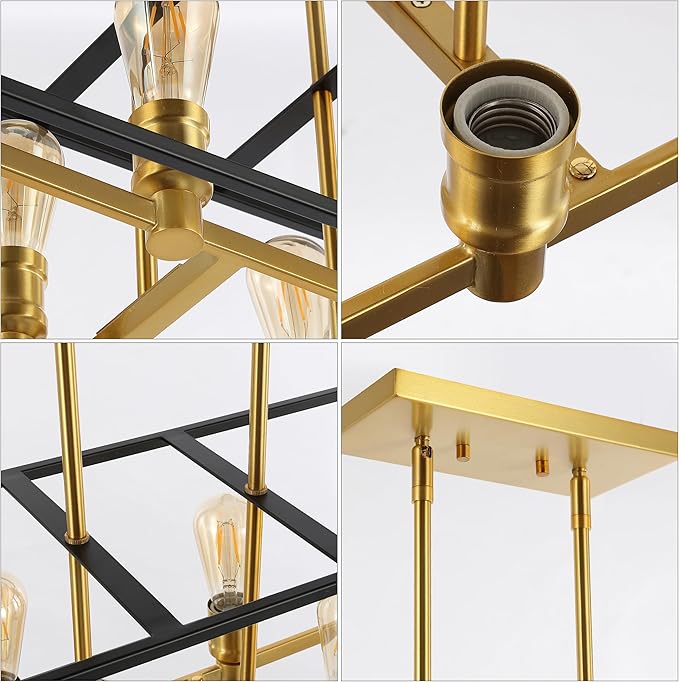 JONATHAN Y 35" Black/Brass Gold Farmhouse Industrial 8-Light Iron LED Pendant Light for Kitchen Island Dining Room, Modern Cage Lantern, Adjustable Height, 4 Bulbs Included (JYL6511A)