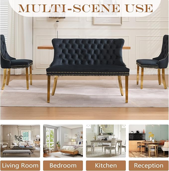 45.6in Upholstered Dining Bench, Mid-Century Modern Kitchen Room Bench with Tufted Back and Metal Legs, Velvet Small Sofa Couch Bench, Black