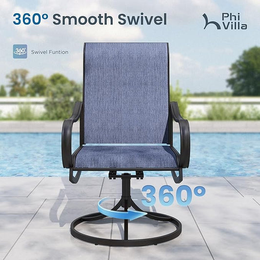 PHI VILLA 5 Piece Patio Dining Set with 4 Outdoor Swivel Dining Chairs & 1 Large Round Dining Table, All Weather Blue Textilene Mesh Fabric Chair and Round Metal Table for Deck Lawn Garden