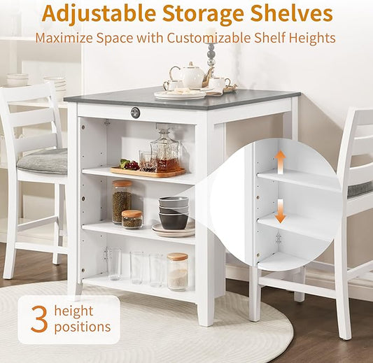 Bar Table Set with Charging Station & 3-Tier Storage, Space-Saving Dining Table Set for 2 with Upholstered Chairs, Small Kitchen Island for Apartment (30 Inch+Off White)