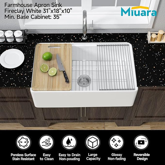 Miuara White Farmhouse Workstation Sink 31 Inch - Fireclay Apron Front Kitchen Sink Reversible 31"x18"x10", Farm House Style, Heavy Duty Deep Single Bowl, Undermount Installation, for Kitchen
