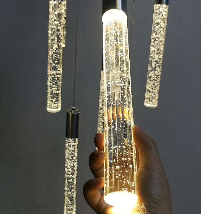 HAIXIANG W24 x H157 Glam Chandelier Bubble Crystal Ceiling Chandeliers Remote Dimmable LED Light High Ceiling Pendants Light Fixtures Adjustable Long Lights 24-Lights Silver Lamp
