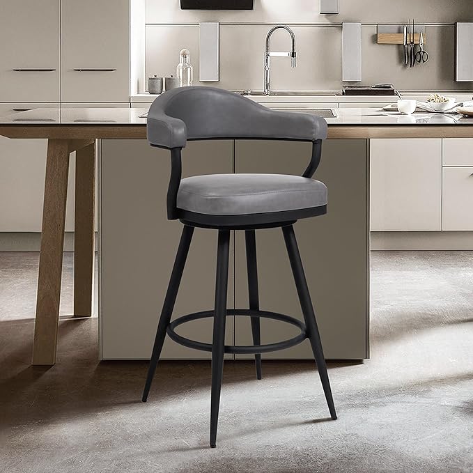 Armen Living Justin Modern Farmhouse 26" Seat Height Swivel Vintage Gray Faux Leather Bar Stool with Black Metal Legs for Kitchen Island Counter