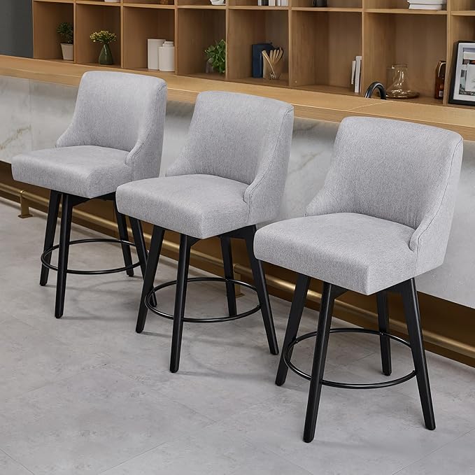Counter Height Bar Stools Set of 6, Swivel Barstools with Backs and Wood Legs, Linen Fabric Upholstered Counter Stools for Kitchend Island, Mid-Century Modern 26" Seat Height Bar Chairs, Grey
