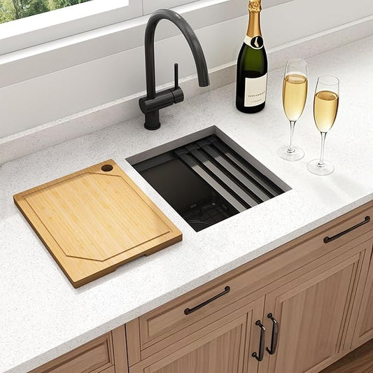13 Inch Black Sink Undermount, 16 Gauge 304 Stainless Steel Workstaion Kitchen Sinks with Ledge & Accessories, 13" x 15" x10" Deep Bowl For Outdoor, RV,Prep Sink, and Wet Bar