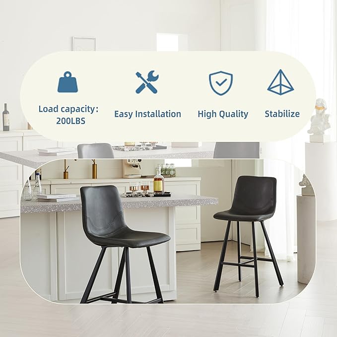26" Counter Height Bar Stools Set of 2,Faux Leather Barstools with Ergonomic Backrest & Footrest, Sturdy Black Metal Frame PU Bar Chairs for Kitchen Island, Home Bar, Restaurant (Black)