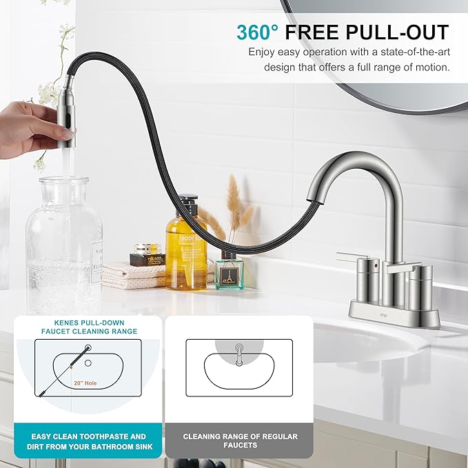 KENES Brushed Nickel Pull Down Bathroom Faucet, 4 Inch 2 Handle Centerset Bathroom Faucet 3 Hole with Pull Out Sprayer, Bathroom Sink Faucet with Pop Up Drain & Supply Lines LJ-9069