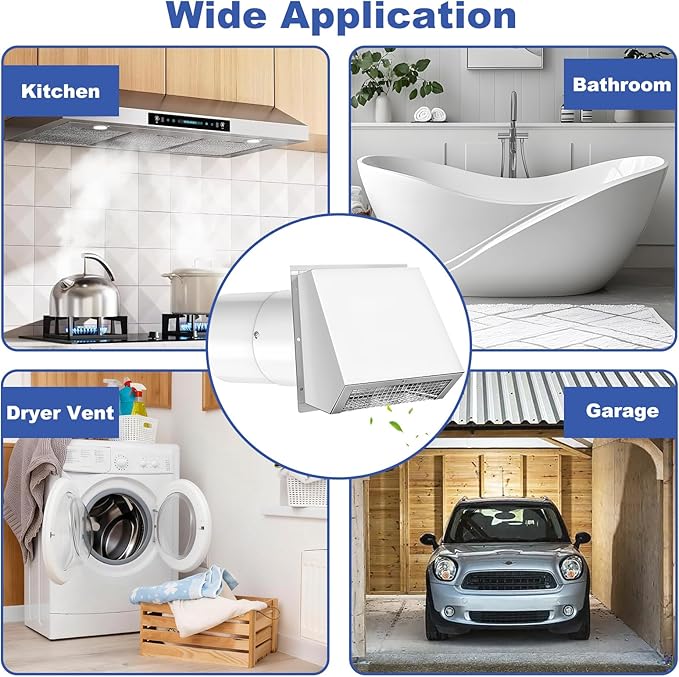 6 Inch Hooded Wall Vent with Screen and Damper, Wall Exhaust Vent Cover, 6 Inch Range Hood Wall Vent Cap, Outdoor Hooded Wall Vent for Dryer Vent, Range Hood, Kitchen, White