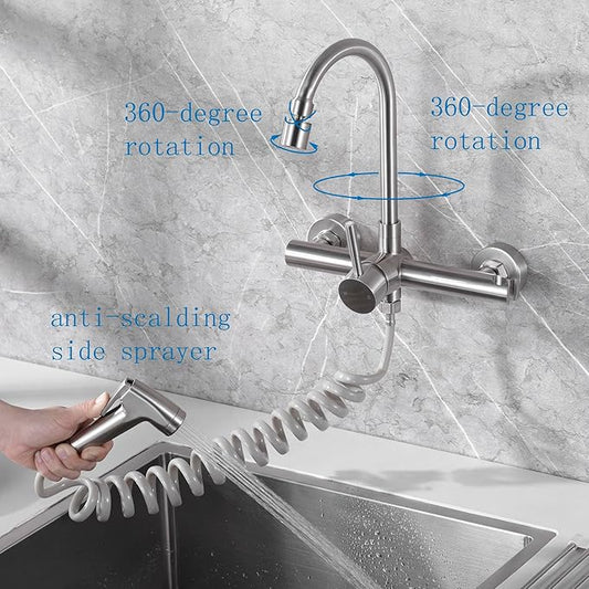 8" Center Wall Mount Kitchen Faucet with Side Sprayer, Brushed Nickle Stainless Steel Sink Mixer Tap, Lead-Free, 360° Swivel Spout
