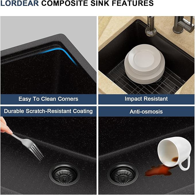 Lordear 21 Inch Black Granite Composite Kitchen Sink Workstation 21x18 Matte Black Undermount Quartz Sinks Under Counter Single Bowl Sink with Black Accessories