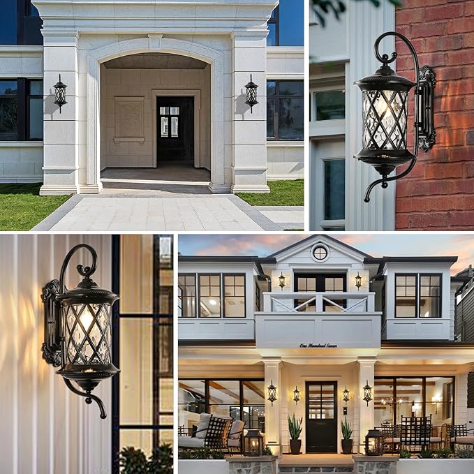 NLIEOPDA Retro Large Outdoor Wall Lanterns 24" Exterior Light Fixtures Coach Light Waterproof Aluminium with Water Glass Outside Wall Lamps for House Front Door Garage Porch Lighting, Black