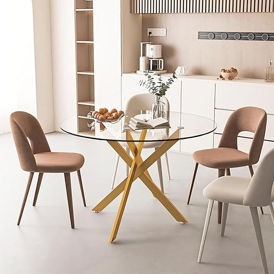 SSLine Glass Dining Table,47.25'' Round Dining Kitchen Table,Modern X-Design Dining Room Table with Gold Metal Base for Dining Room (Gold,47'',Round)