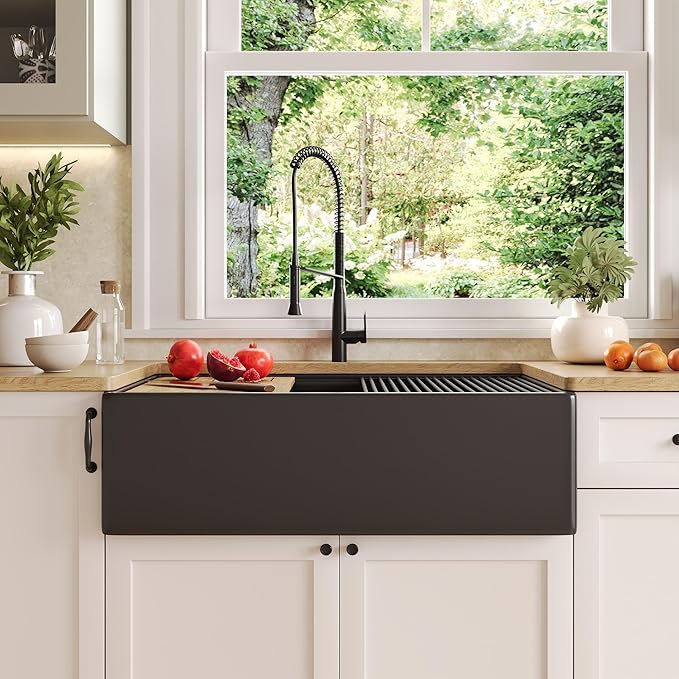 DeerValley Black Farmhouse Sink 33 Inch Fireclay Farmhouse Kitchen Sink Undermount Workstation Single Bowl Kitchen with Ledge and Workstation Accessories