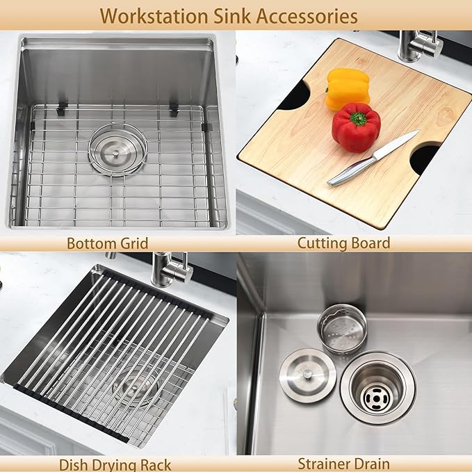 16 Inch Undermount Bar Sink Workstation,16x19 Small Kitchen Sink Bar Sinks Undermount 18 Gauge Stainless Steel Single Bowl Kitchen Prep Wet Bar Sinks with Cutting Board