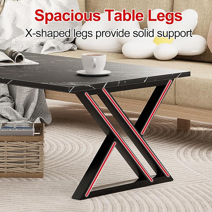 Wolawu Coffee Table Living Room Table Black Center Table, Simple Modern Faux Marble Rectangular Tea Table with Sturdy Black-Finished Metal Frame,Industrial Wooden Coffee Table for Bedroom Home Office