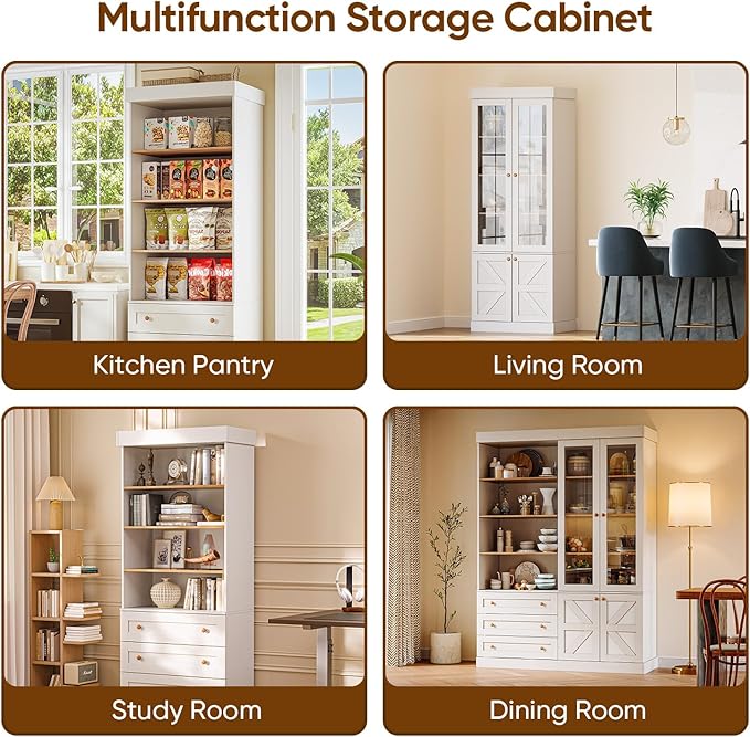 ivaniti 71" Tall Kitchen Pantry Cabinet, Rustic Farmhouse Storage Hutch with Glass Doors & Adjustable Shelves, Freestanding Wood Buffet Cabinet for Dining Room, Living Room, White