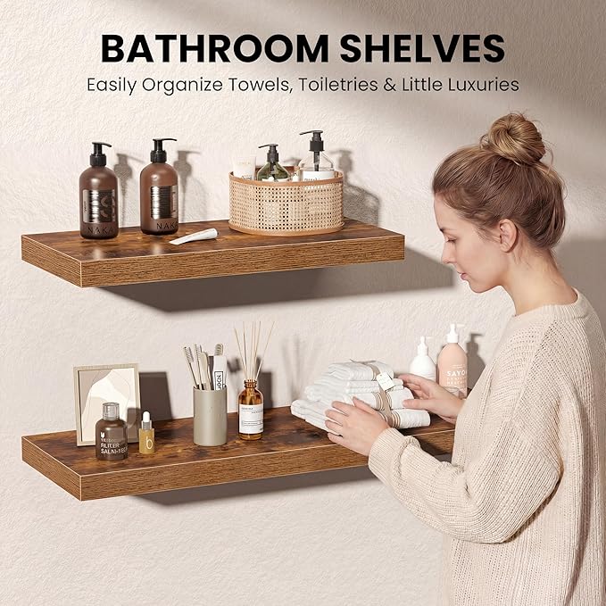 Floating Shelves for Wall, 24 Inch Floating Shelves Set of 2, Wall Mounted Rustic Wood Shelf for Bathroom, Living Room, Bedroom and Kitchen, Hanging Shelf for Storage, Books, Home Decor, Brown