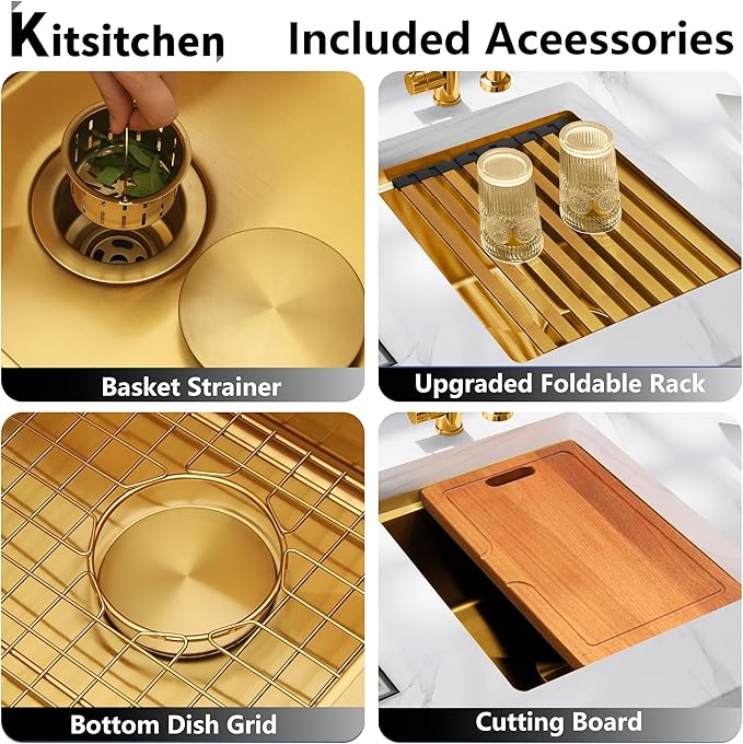 Kitsitchen Gold Undermount Kitchen Sink 23 Inch,16 Gauge Stainless Steel Single Bowl Undermount Sink,Workstation Kitchen Sinks with Accessories,Round Corner & Offset Drain Design (23" X 18"X 10")