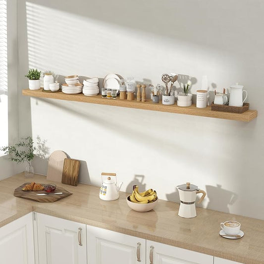 Acovy 72 Inch Floating Shelves for Wall 1 Pack, 72" Wall Shelves for Books, Storage, Decor, Wall Mounted Floating Shelf with Invisible Brackets for Kitchen, Living Room, Light Brown
