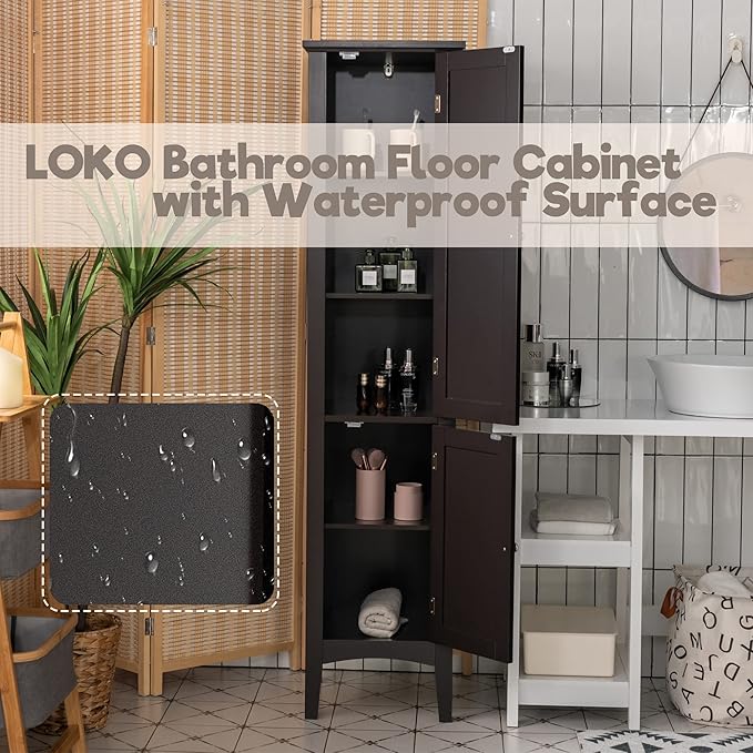 LOKO Tall Bathroom Floor Cabinet, Multifunctional Storage Cabinet with Doors, Narrow Slim Linen Tower for Bathroom, Living Room or Kitchen, 14.5 x 14.5 x 63 inches (Espresso)