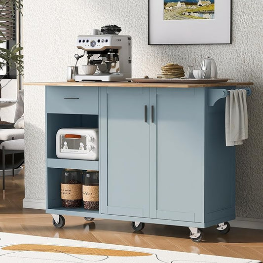 Rolling Kitchen Island Cart with Foldable Counter Top,Slide-Out Shelf and Lockable Wheels,Towel Rack and Drawer,for Kitchen Living Room Dining Room (Grey Blue@y)