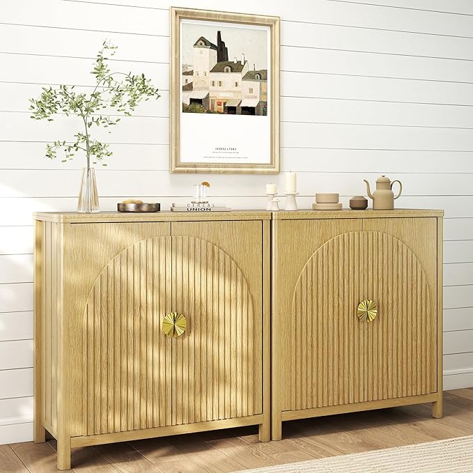 Sideboard Cabinet with Storage - 63” Large Kitchen Buffet Table, Adjustable Shelf & 4 Fluted Doors Farmhouse Coffee Bar for Living Room Dining Room Entryway, Wood