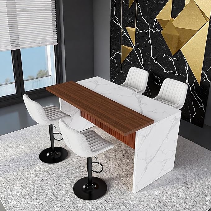 63" Modern Kitchen Island with Marble-Look Surface with 2/4 Bar Stools, Island Table with LED Lights, for Kitchen,Dining Room, Bar, Office, Living Room (White+4Beige)