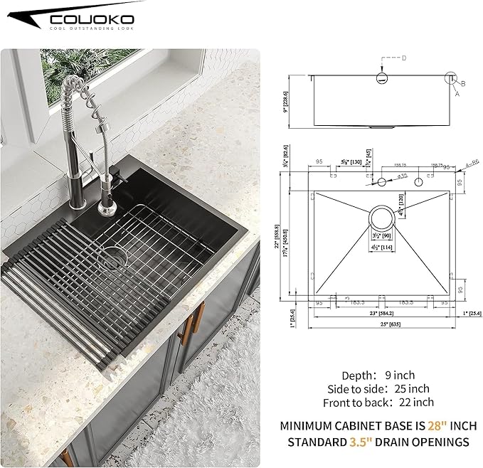25x22 Drop In Kitchen Sink Black 16 Gauge Stainless Steel Single Bowl Drop Kitchen Sinks Nano PVD Gunmetal Black Handmade Large Deep Topmount Sinks, 25x22x9 Inch