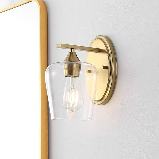 JONATHAN Y 10" Brass Gold 1-Light Farmhouse Rustic LED Vanity Light Sconce, Clear Glass Shade, Vintage Indoor Fixture for Bathroom Mirror, LED Bulb Included (JYL7545B)