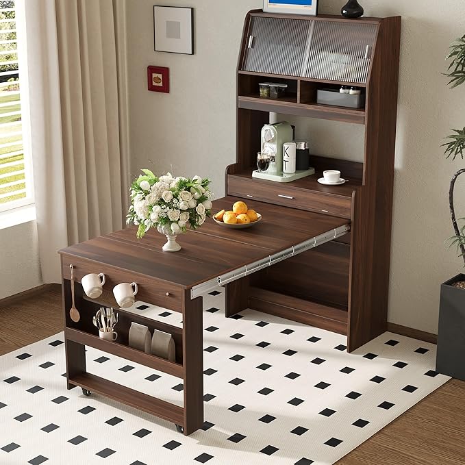 Compact Buffet with Hutch and Foldable Dining Table, Multifunctional Cupboard with Storage Shelf and Side Hooks, 2-in-1 Buffet for Small Places, Studio, Apartment (Walnut-9c)