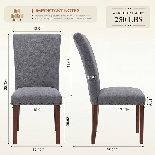 COLAMY Upholstered Parsons Dining Chairs Set of 6, Fabric Dining Room Kitchen Side Chair with Nailhead Trim and Wood Legs - Dark Grey